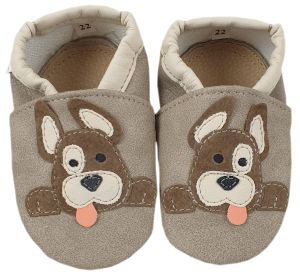 Kapcie Dreptulki ekoskóra beż aplikacja piesek wesoły r. 18-34 