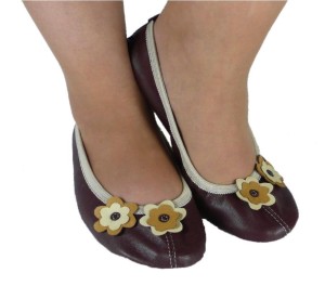 Baletki balerinki skóra brązowa aplikacja kwiatki